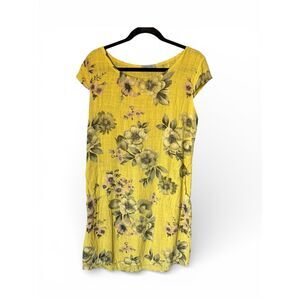 Angela Mara Shift Dress Yellow Cotton Floral Made in Italy Coastal Vacation M